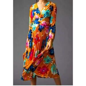 Anthropologie Maeve Pleated V-Neck Floral Dress Size 8